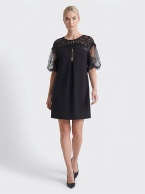 Elisa Cavaletti Black Lace-Yoke Puff Sleeve Mini Dress